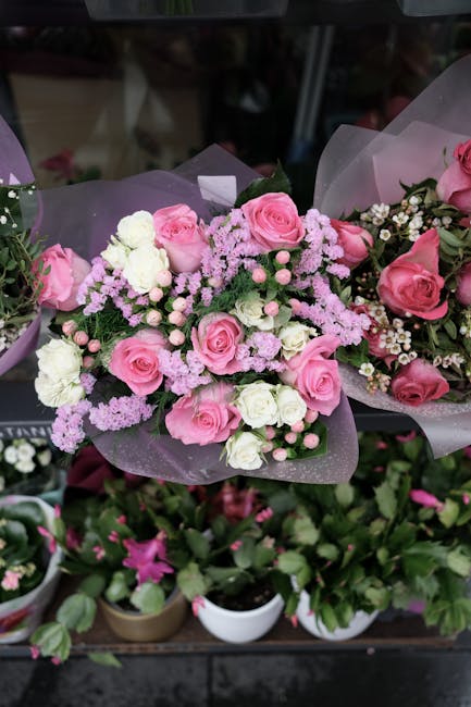 A close-up of a floral arrangement featuring pink roses, white spray roses, and light purple climatium, all arranged in a compact bouquet wrapped in sheer lavender tissue paper. The flowers are fresh,