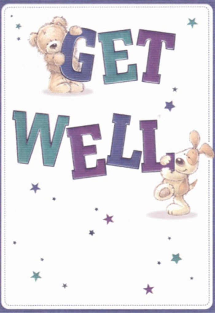 This heartening illustration, ever popular in Waterloo, presents a storybook-perfect get well card alive with friendly optimism. A friendly brown bear lounges atop the bold 'GET', shaded in lively purple hues, offering an affectionate nod down to a puppy whose soft, drooping ears frame a trusting smile. Both figures seem caught mid-moment, their rounded forms inviting the viewer's touch-just as a finely arranged bouquet invites admiration and comfort near The Cut or Waterloo Road. Starbursts of blue and purple dance around them, playful and uplifting, as if scattering wishes like the first spring blossoms in local gardens. The crisp, clean background amplifies the sense of clarity and care: every detail, from the fur's fluffy depth to the layered gradient of the confident text, feels born from skilled hands-reflective of the artistry in every arrangement at Waterloo Flowers. Sending this card with a hand-tied bunch for delivery somewhere near Southbank Centre completes a gesture steeped in warmth and genuine support. The whole mood is perfectly tailored for lifting spirits, regardless of age or circumstance, glowing with gentle reassurance unique to SE1.